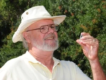 Robbin Thorp examines a bee specimen. (Photo by Kathy Keatley Garvey)