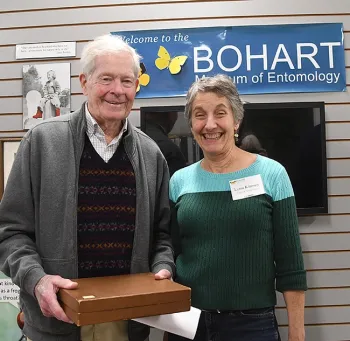 Jerry Powell, emeritus director of the Essig Museum at UC Berkeley, with Lynn Kimsey, director of the Bohart Museum of Entomology at UC Davis. (Photo by Kathy Keatley Garvey)