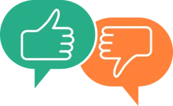 Green thought bubble with a thumbs up and orange thought bubble with a thumbs down.
