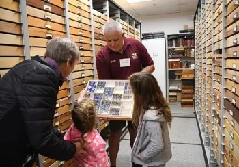 Jeff Smith, curator of the Lepidoptera collection at the Bohart Museum, chats with visitors. 