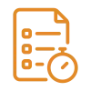Orange icon of a paper with checkboxes next to a timer- symbolizing the reappointment quiz that needs to be completed annually. 
